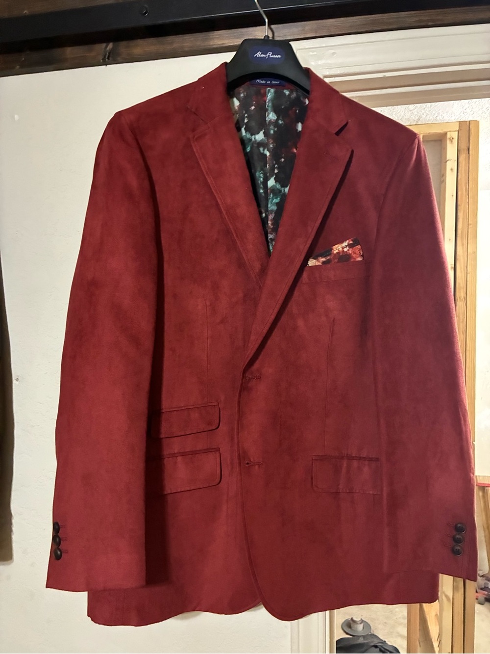 Men's Red Suede Blazer - Elegant Tailored Jacket Large